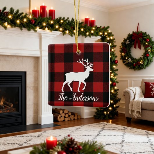 Plaid Deer Family Name Christmas Keepsake Ornament セラミックオーナメント