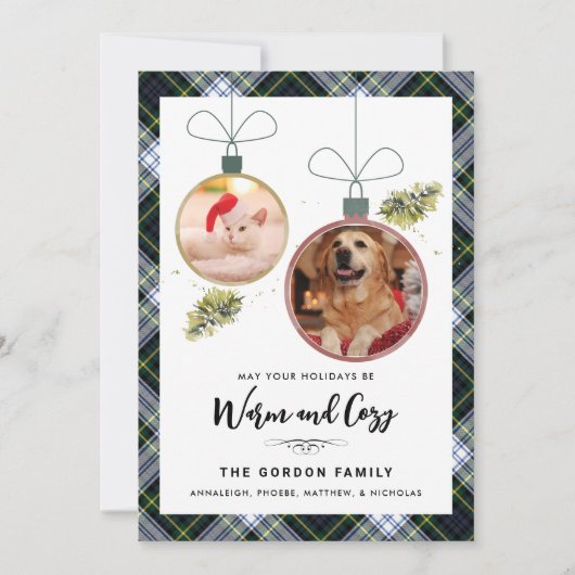 Plaid Family Christmas 2 Pet Photos Gordon Tartan シーズンカード (正面)