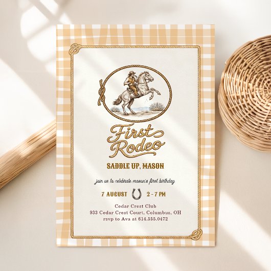 Plaid Gingham Cowboy First Rodeo 1st Birthday 招待状