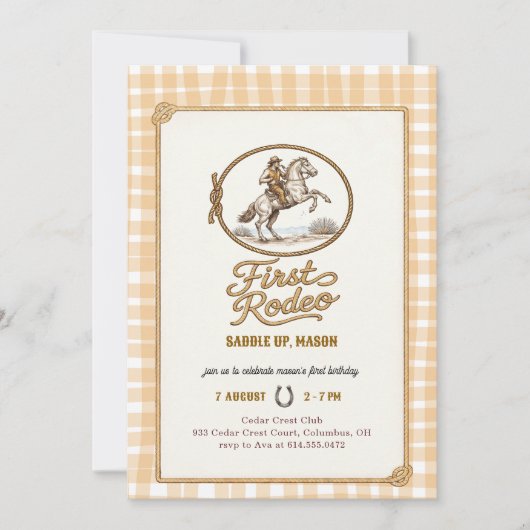 Plaid Gingham Cowboy First Rodeo 1st Birthday 招待状 (正面)