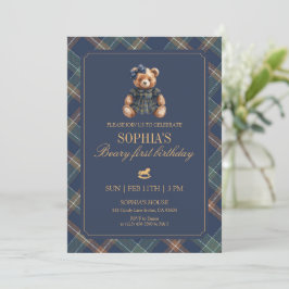 Plaid Girl Teddy Navy Tartan Bear 1st Birthday 招待状