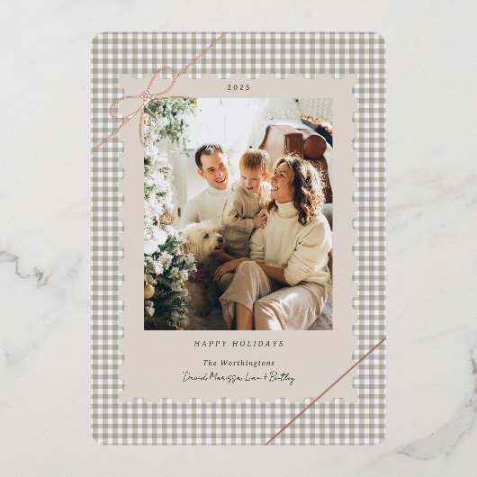 Plaid Green Gingham Scalloped Frame Tiny Bow Photo 箔シーズンカード (正面)