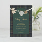 Plaid Green Teddy Bear All in One Baby Shower 招待状 (スタンド正面)