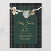 Plaid Green Teddy Bear Clothesline Baby Shower 招待状 (正面)