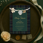 Plaid Green Teddy Bear Clothesline Baby Shower 招待状