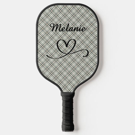 Plaid Greens and Beige Heart Pickleball Paddle ピックルボールラケット (正面)