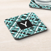 Plaid in Aqua,ティール(緑がかった色),白黒モノグラム コースター (左側)