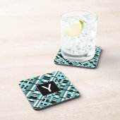Plaid in Aqua,ティール(緑がかった色),白黒モノグラム コースター (右側)