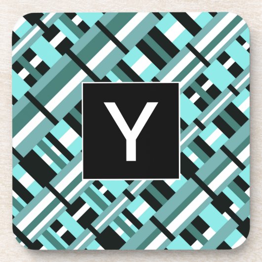 Plaid in Aqua,ティール(緑がかった色),白黒モノグラム コースター (正面)
