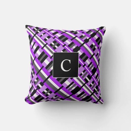 Plaid in Purple, Black & Gray Diagonal Monogram クッション (正面)