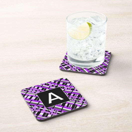 Plaid in Purple, Black & Gray Monogram コースター (右側)