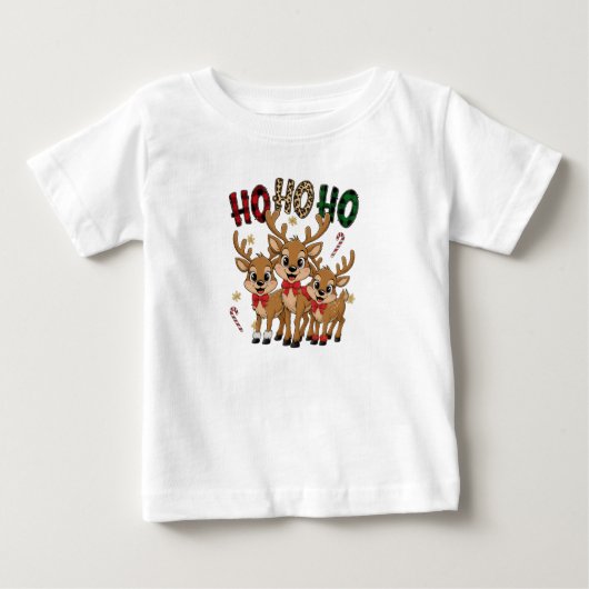 Plaid & Leopard Ho Ho Ho Reindeer Kids Christmas ベビーTシャツ (正面)