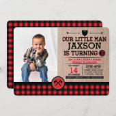 Plaid Lumberjack素朴子供の誕生日と写真 招待状 (正面/裏面)
