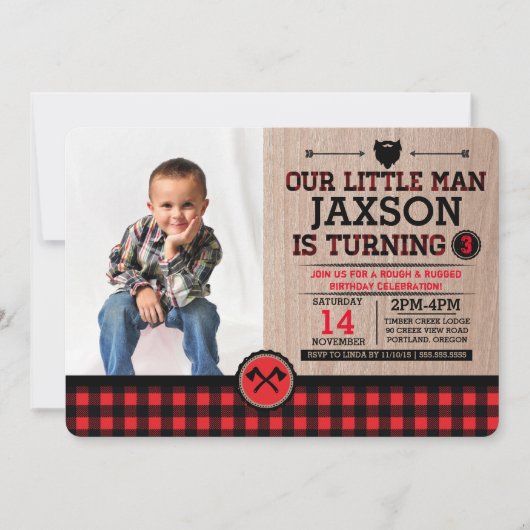 Plaid Lumberjack素朴子供の誕生日と写真 招待状 (正面)