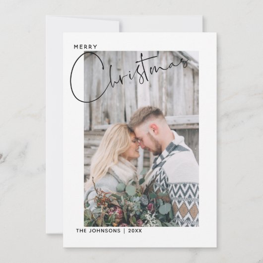 Plaid Merry Christmas Black & White Script Photo シーズンカード (正面)
