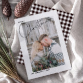 Plaid Merry Christmas Black & White Script Photo シーズンカード