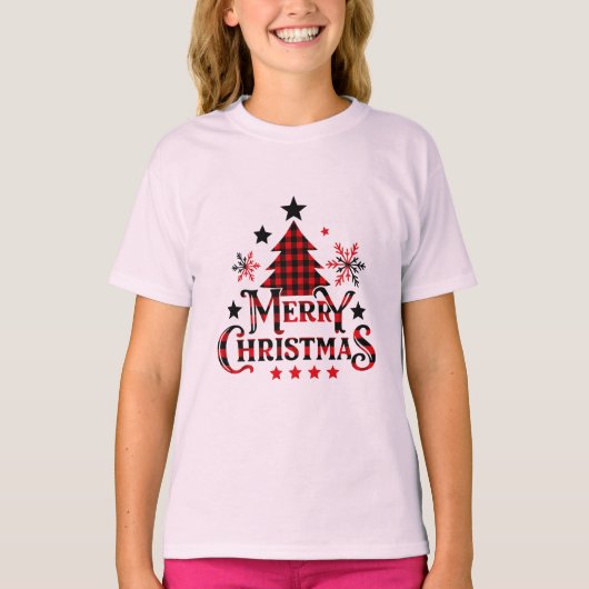 Plaid Merry Christmas Girls T-Shirt Tシャツ (正面)