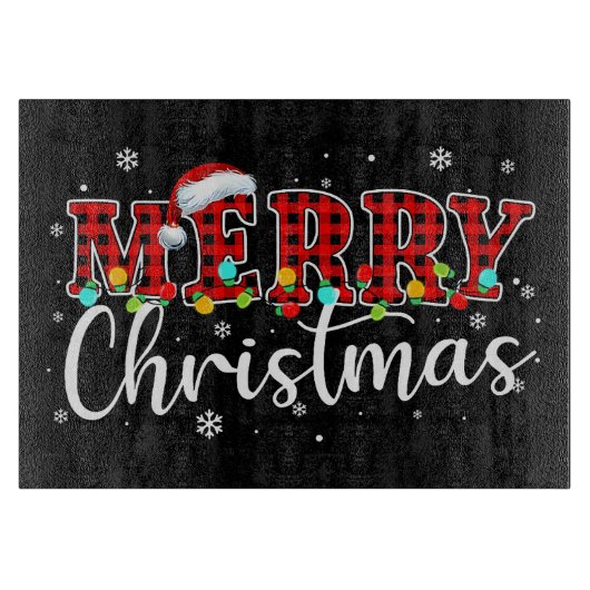 Plaid “MERRY” with Santa Hat and Christmas Lights カッティングボード (正面)