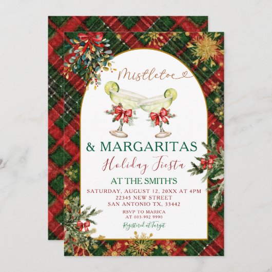 Plaid Mistletoe & Margaritas Holiday Party Invitat 招待状 (正面/裏面)