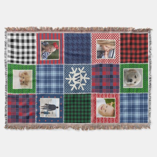 Plaid Patchwork写真とスノーフレークモノグラムのー スローブランケット (正面)