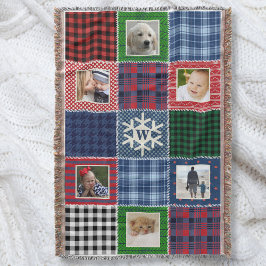 Plaid Patchwork写真とスノーフレークモノグラムのー スローブランケット