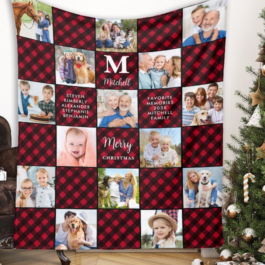 Plaid Patchwork Personalized Cozy 15 Photo Collage フリースブランケット