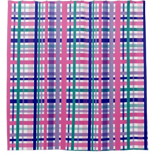 Plaid Pattern Purple Teal Navy Blue Pink シャワーカーテン (正面)