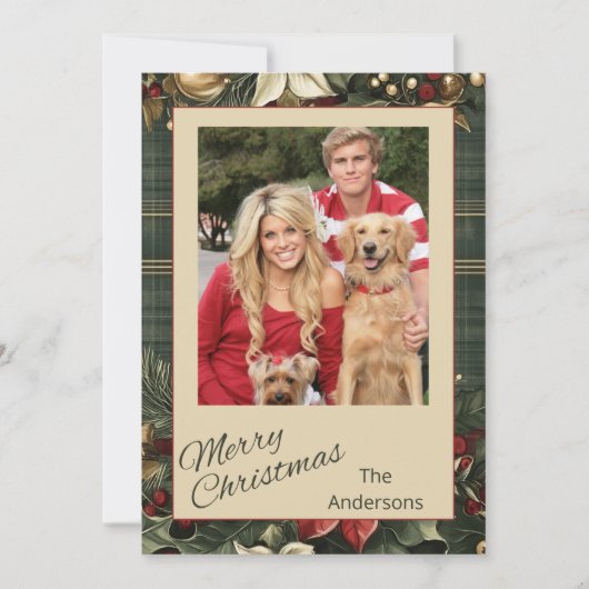 Plaid & Poinsettiaエレガントメリークリスマスフォト シーズンカード (正面)