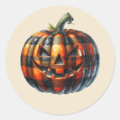 Plaid Pumpkin Halloween Round Sticker ラウンドシール (正面)