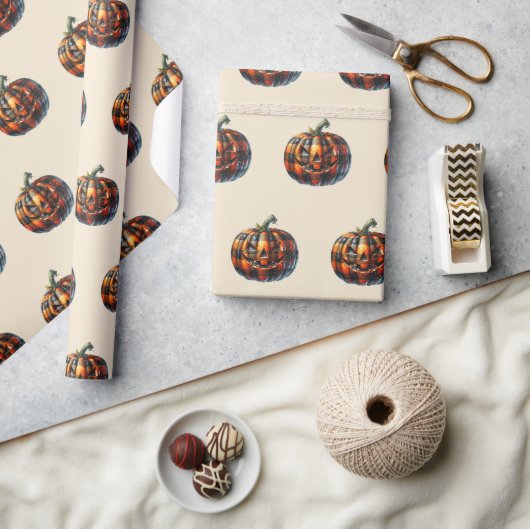 Plaid Pumpkin Halloween Wrapping Paper ラッピングペーパー (クラフト)