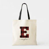 Plaid Red and Black Monogram Letter "E" トートバッグ (裏面)