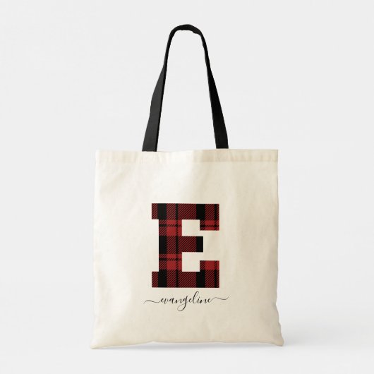 Plaid Red and Black Monogram Letter "E" トートバッグ (裏面)