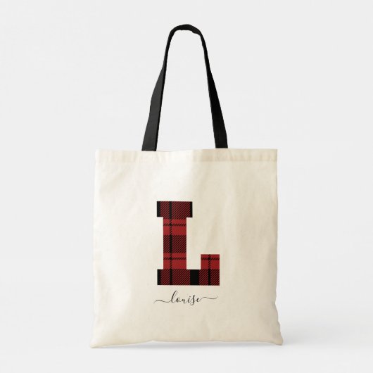 Plaid Red and Black Monogram Letter "L" トートバッグ (裏面)