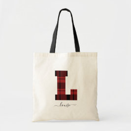 Plaid Red and Black Monogram Letter "L" トートバッグ