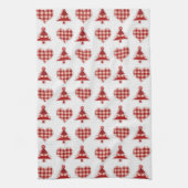 Plaid Red Christmas Trees and Hearts Pattern キッチンタオル (縦)