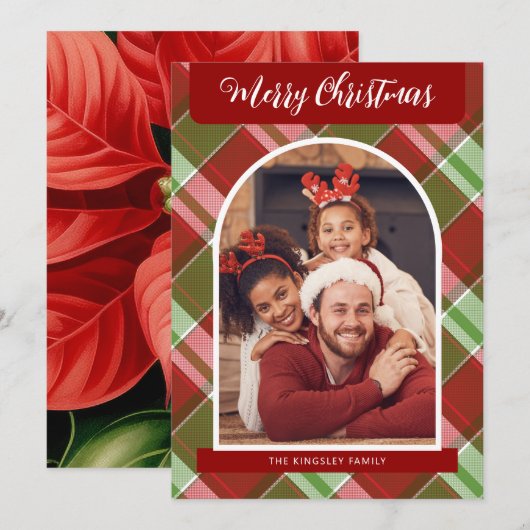 Plaid Red Poinsettiasクリスマスフォトパーソナライズされたー シーズンカード (正面/裏面)