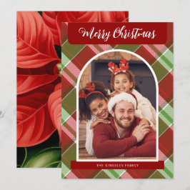 Plaid Red Poinsettiasクリスマスフォトパーソナライズされたー シーズンカード