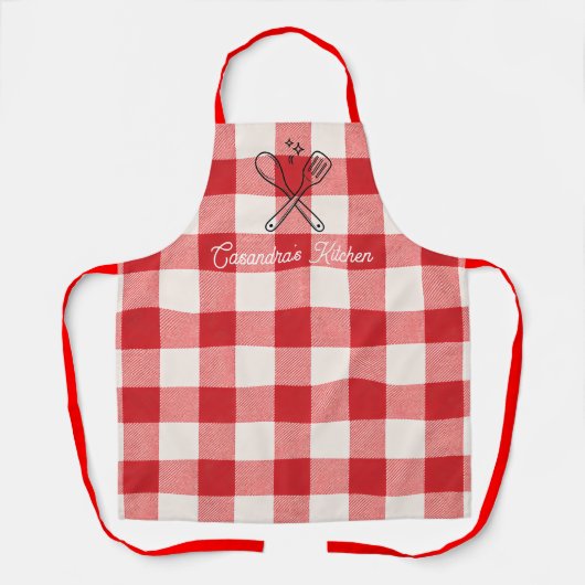 Plaid Red & White Custom Name Gift エプロン (正面)