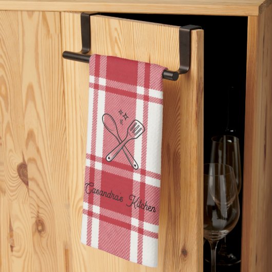 Plaid Red & White Custom Name Gift キッチンタオル (三つ折り)