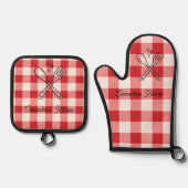 Plaid Red & White Custom Name Gift 鍋つかみ&鍋敷きセット (正面)