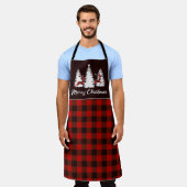 Plaid Reindeer and Pine Trees Christmas Scene エプロン (着用した状態)
