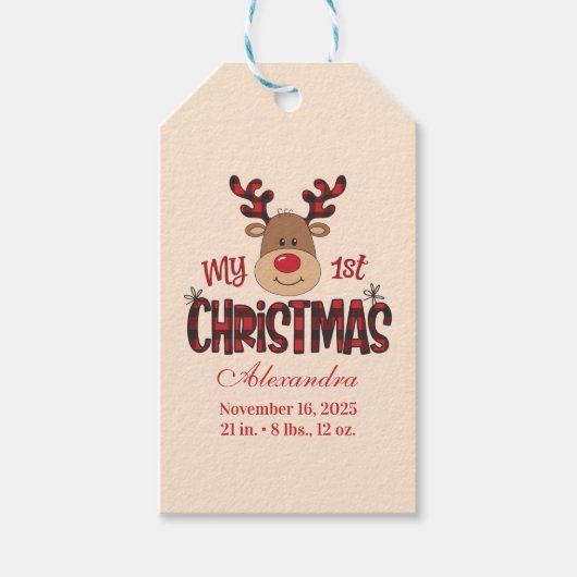 Plaid Reindeer Baby First Christmas ギフトタグ (正面)