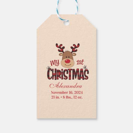 Plaid Reindeer Baby First Christmas ギフトタグ (裏面)