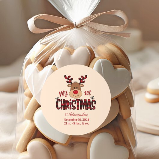 Plaid Reindeer Baby First Christmas ラウンドシール