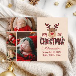Plaid Reindeer Baby First Christmas 4 Photo シーズンカード