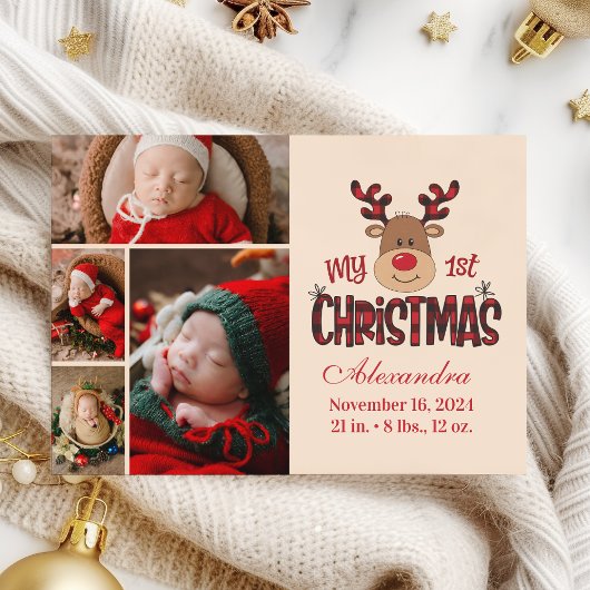 Plaid Reindeer Baby First Christmas 4 Photo  シーズンカード