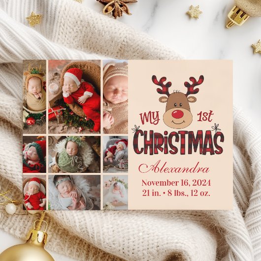 Plaid Reindeer Baby First Christmas 9 Photo シーズンカード