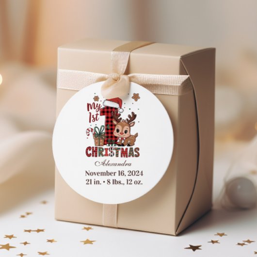 Plaid Reindeer First Christmas ラウンドシール