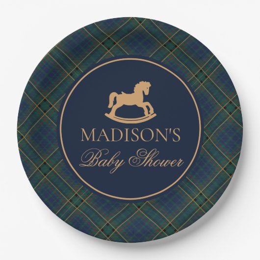 Plaid Rocking Horse Baby Shower Envelope Seal ペーパープレート (正面)