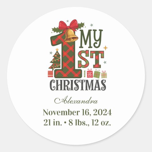 Plaid Rustic First Christmas ラウンドシール (正面)